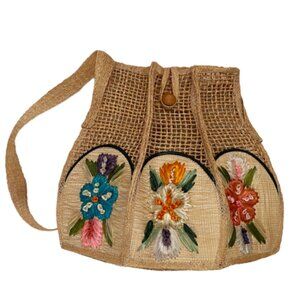 Vintage 50s Artisan Wicker Woven Straw Raphia Shoulder Bag Embroidered Flowers
